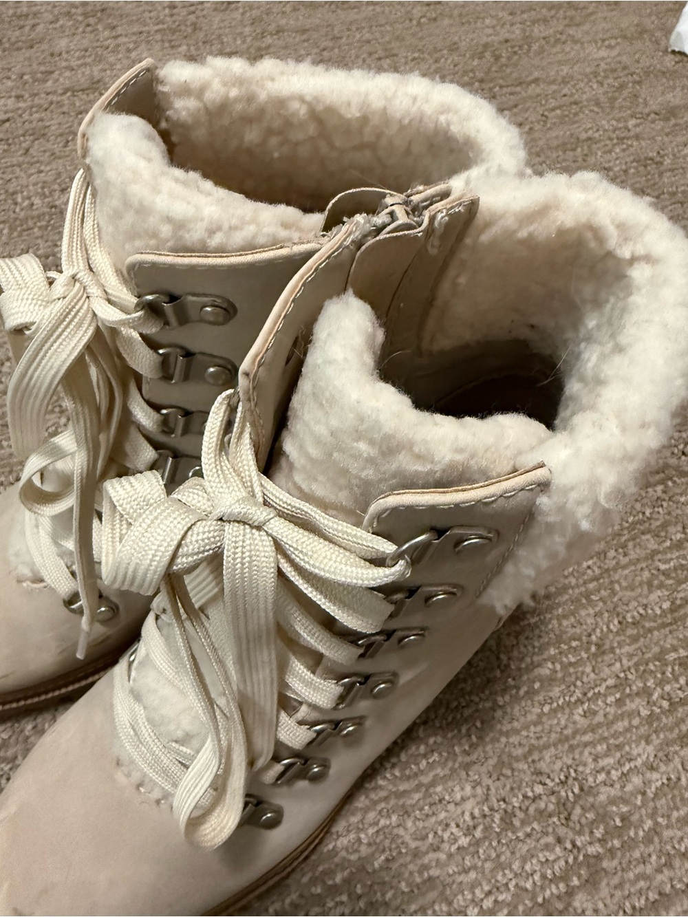 Soda Cream Lace-Up Sherpa Block Heel Ankle Boots - Picture 4 of 5